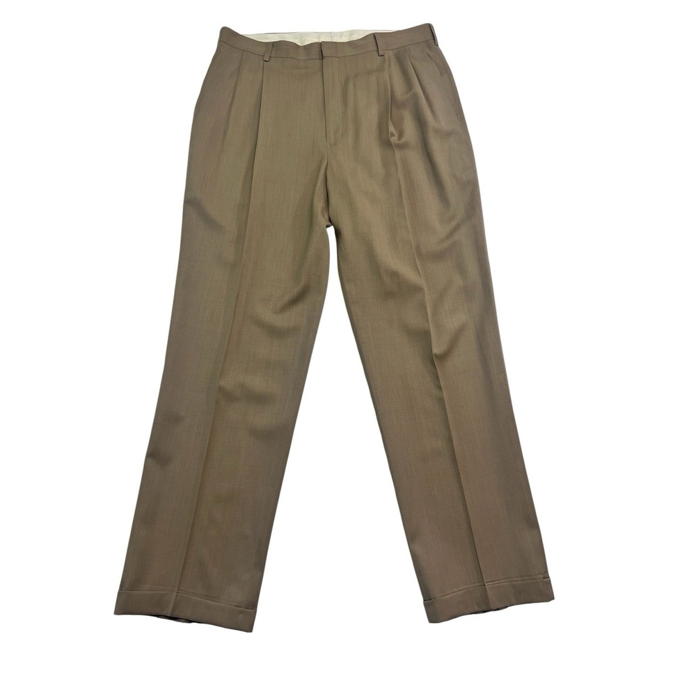 Jos A Bank 36x32 Tan Dress Suit Pants Trousers Wool Pleated Cuffed High Waisted